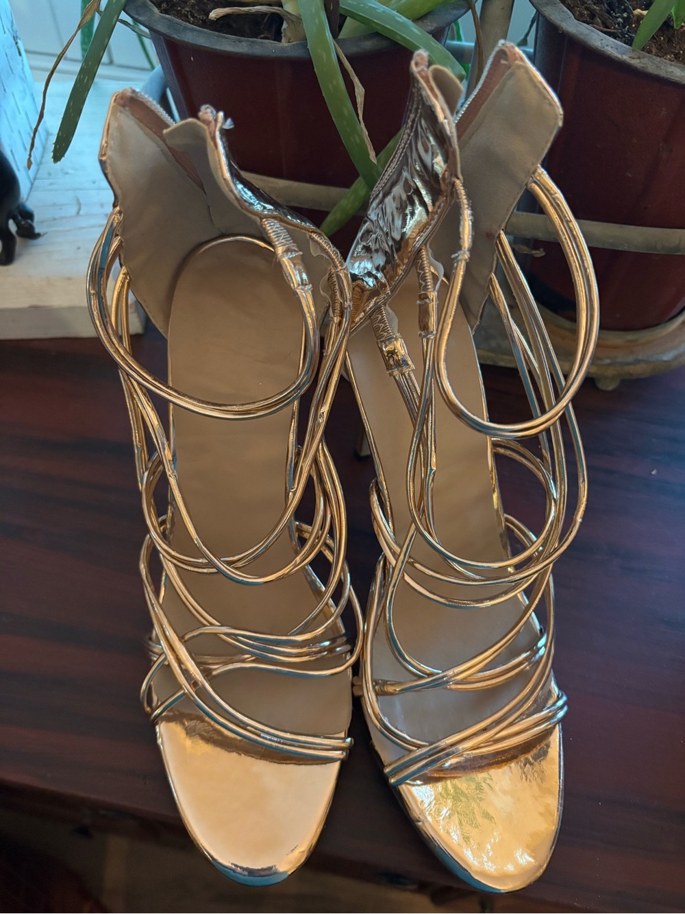 Gold Strappy High Heel Sandals - Women's Elegant Evening Shoes - Picture 9 of 9